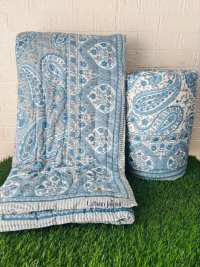 Paisley Print Jaipuri Razai for Single Bed – Blue, Gray | Reversible