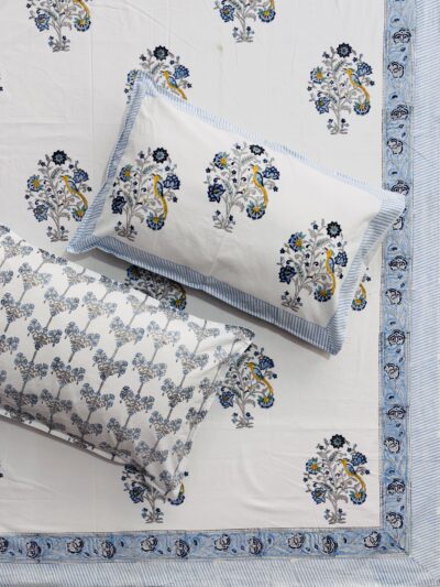 Karigiri Hand Block Printed Super King Bedsheet – Blue Woodpecker Bird & Floral Motifs