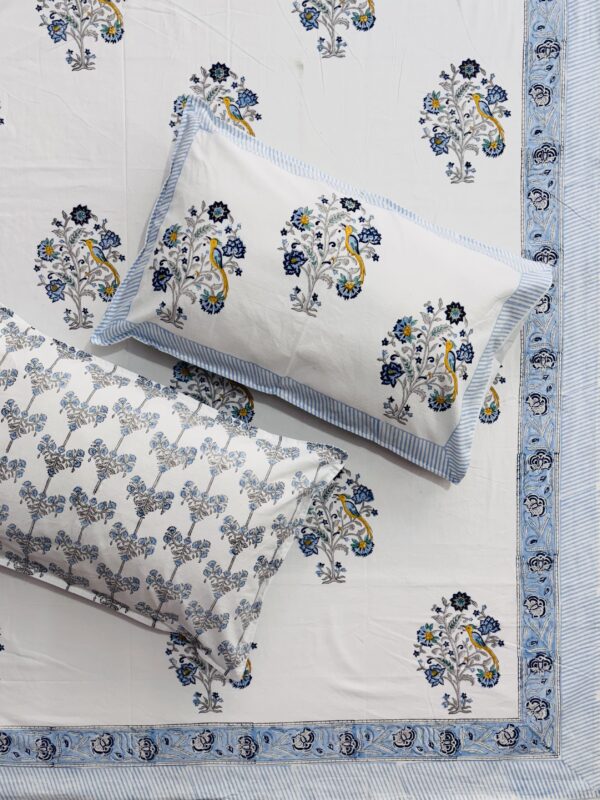 Karigiri Hand Block Printed Super King Bedsheet – Blue Woodpecker Bird & Floral Motifs