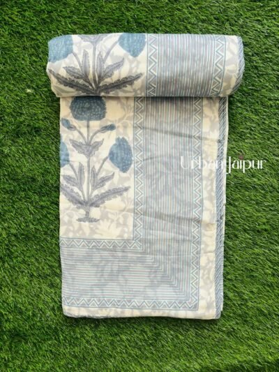 Floral Print Mulmul Cotton Dohar for Double Bed – Grey, Blue