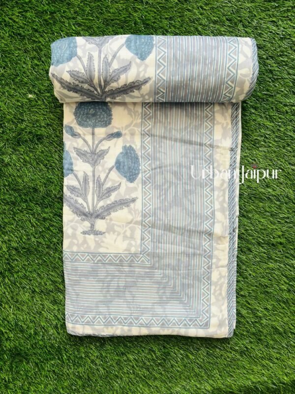 Floral Print Mulmul Cotton Dohar for Double Bed – Grey, Blue