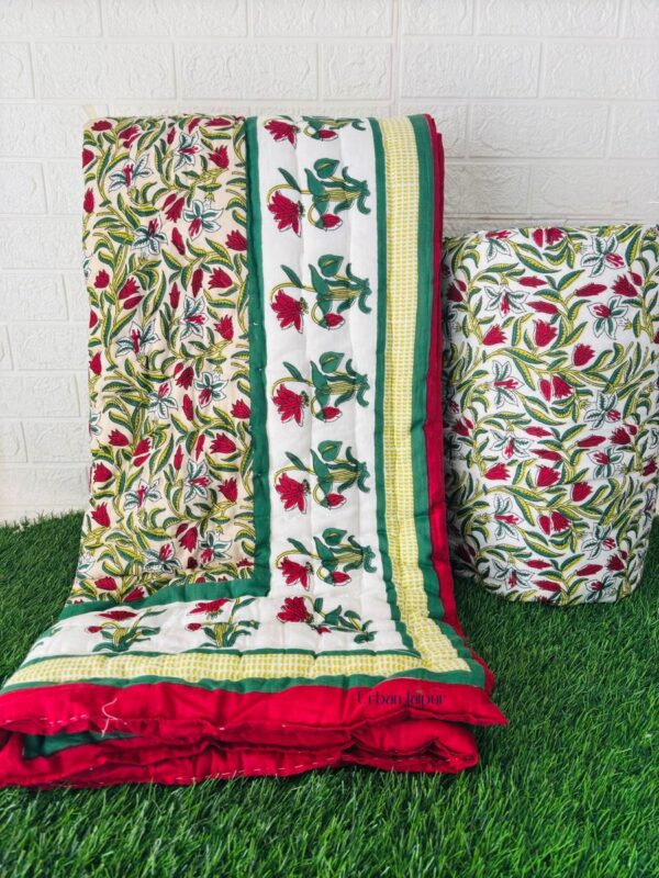 Floral Print 100 gm Jaipuri Razai for Single Bed – Red & Green