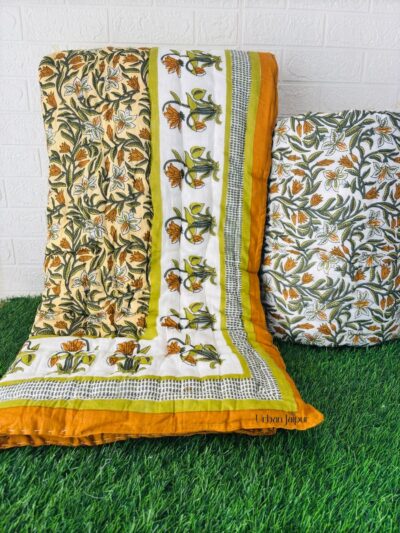 Floral Print 100gm Jaipuri Razai for Single Bed– Yellow & Green