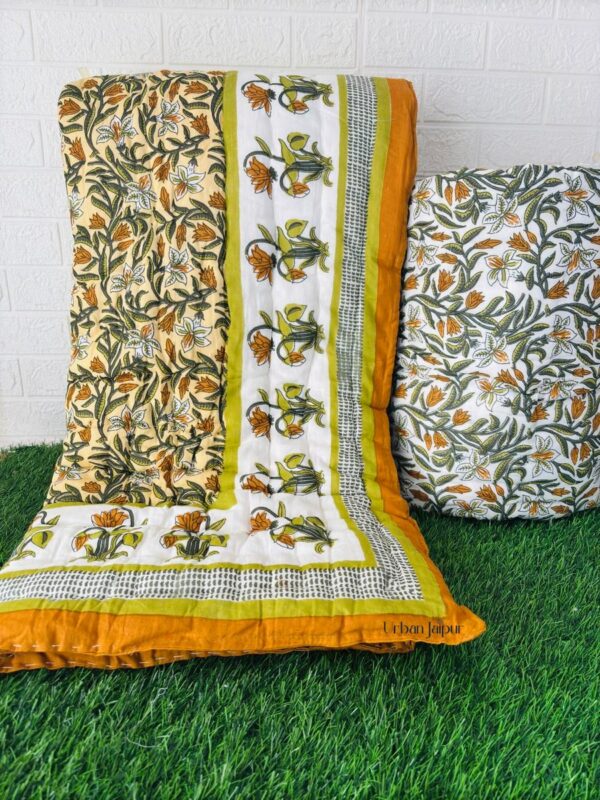 Floral Print 100gm Jaipuri Razai for Single Bed– Yellow & Green