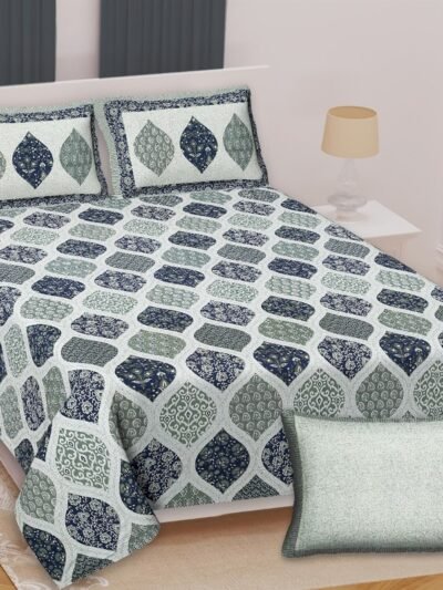 Geometric Jaipuri Azrakh King-Size Cotton Double Bedsheet - blue, gray