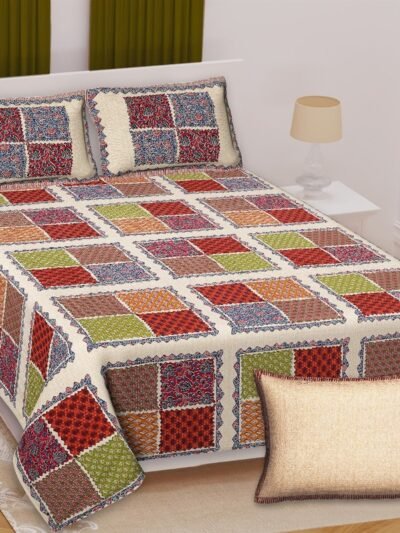 Azrakh - Rajasthani Mosaic Bandhani King Size Bedsheet Set - Cream Base