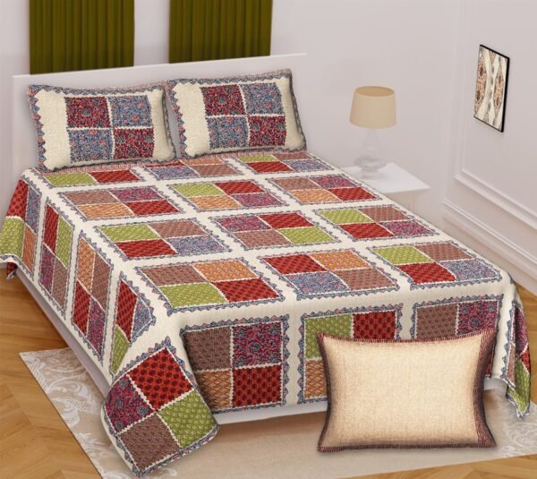 Azrakh - Rajasthani Mosaic Bandhani King Size Bedsheet Set - Cream Base