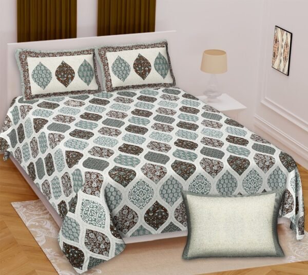 Geometric Jaipuri Azrakh King-Size Cotton Double Bedsheet - teal, Brown