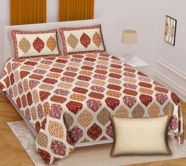 Geometric Jaipuri Azrakh King-Size Cotton Double Bedsheet - Cream Base