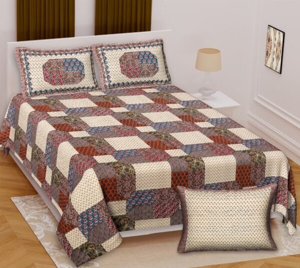 Ajrakh - Checkerboard Bandhani Pure Cotton King Size Bedsheet - Cream Base