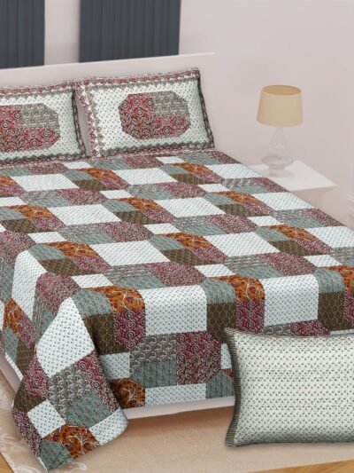 Azrakh - Checkerboard Bandhani Pure Cotton King Size Bedsheet - Mint Green Base