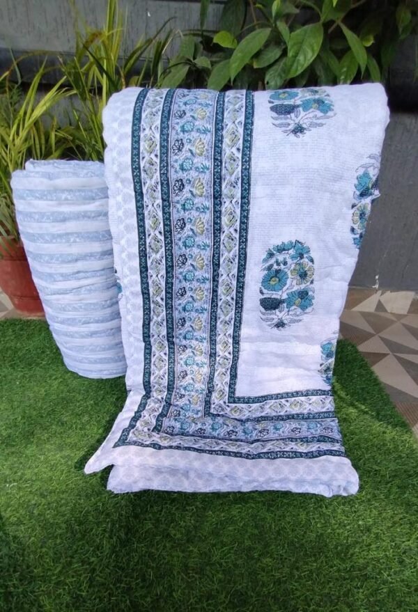 Blue Jaipuri Razai with Traditional Paisley and Floral Block Print Design