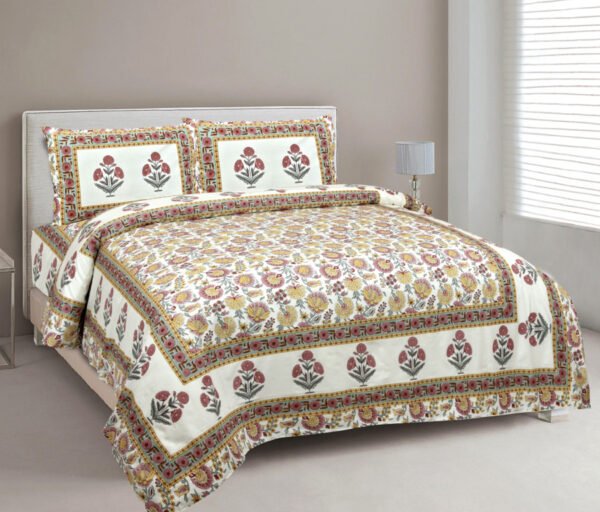 Blossom- Jaipuri Floral Double Bedsheet - Green, White, Yellow