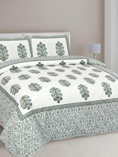 Blossom - Pure Cotton Double Bedsheet (100% Cotton) - Green White