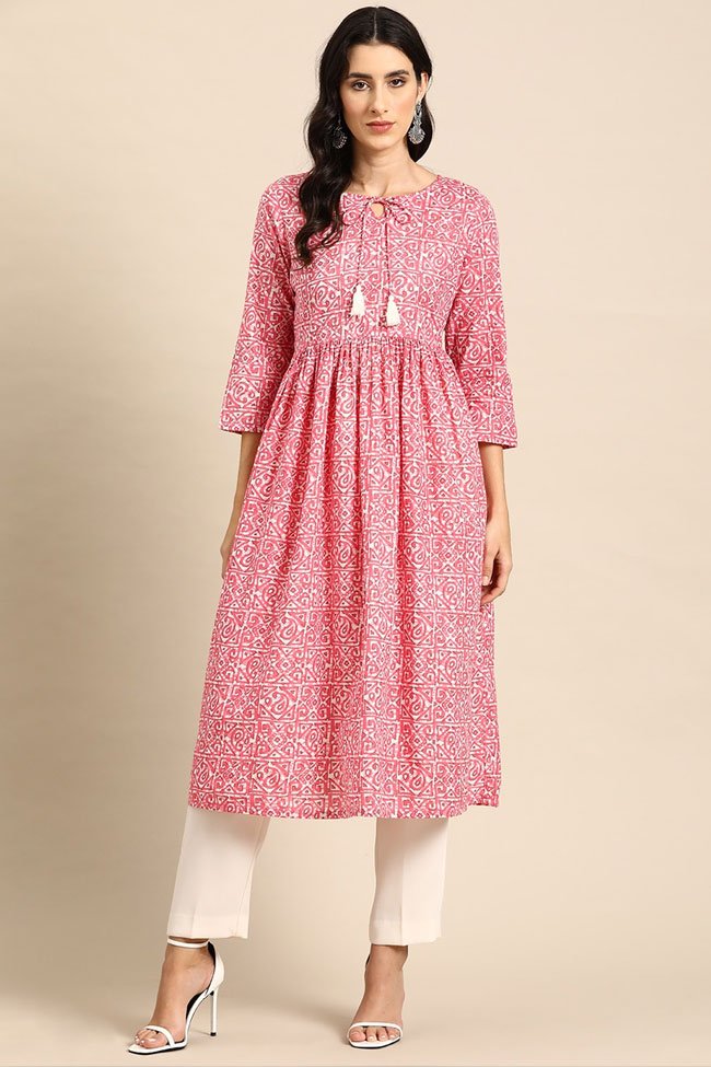 Model wearing Gathered Kurti with straight pants  - 31 Different Types of Kurtis