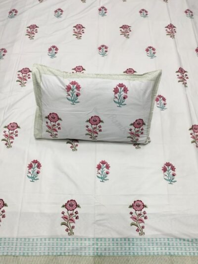 Floral Print Hand Block Bedsheet for Single Bed - Pink, Blue | Urban Jaipur