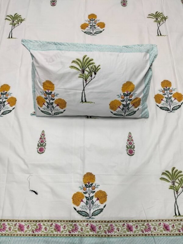 Hand Block Bedsheet for Single Bed - Floral Print - Yellow, Green