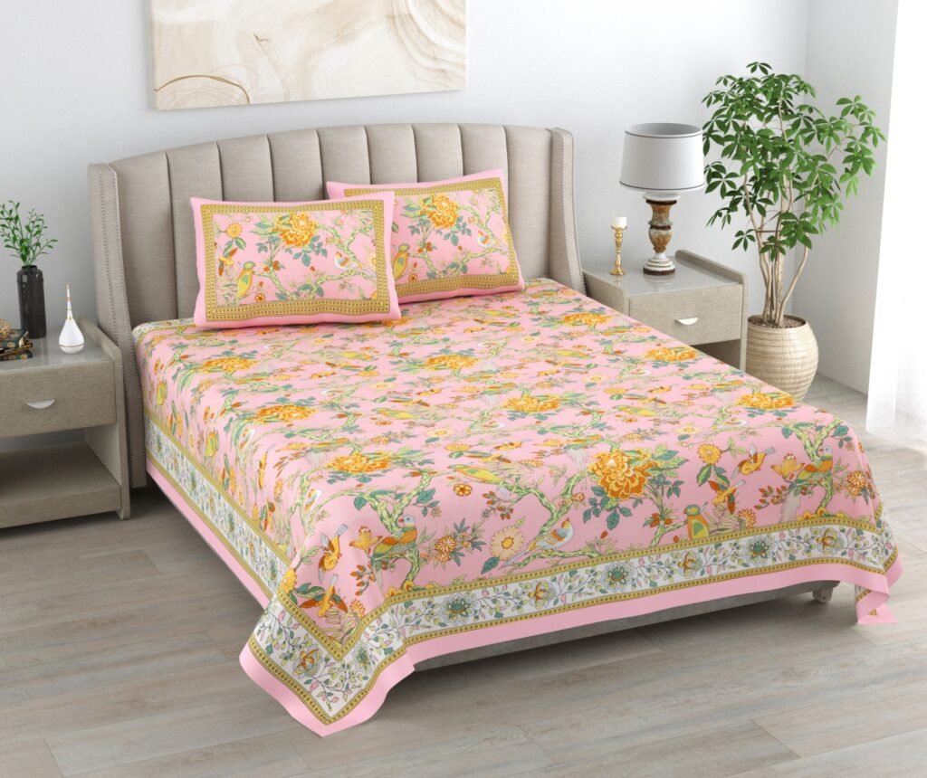 Kaya - Traditional Floral Bird Print Double Size Bedsheet - Orange