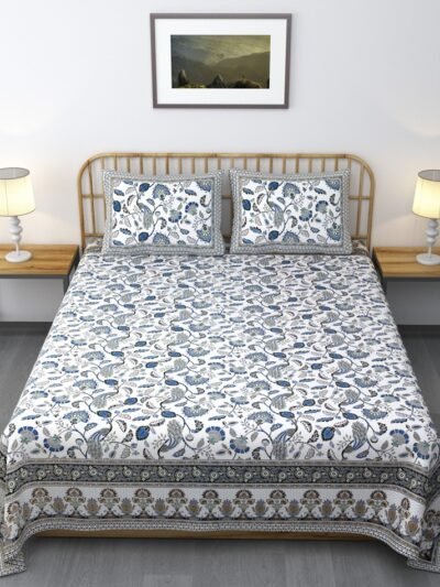 Jaipuri Gold - Peacock Print Pure Cotton King Size Bedsheet, Blue | (100*108) inches