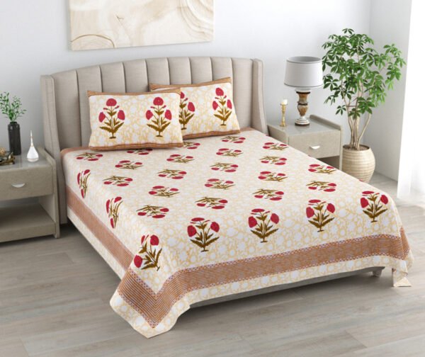 Kaya - Lily Print Double Bed King Size Bedsheet, Yellow, Red