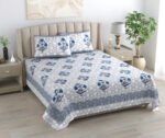 Kaya - Lily Print Double Bed King Size Bedsheet, Gray, Blue