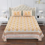 Carniva - Paisley Teardrop Print Super King Size Bedsheet - 120*120 Inches - Mustard, Peach
