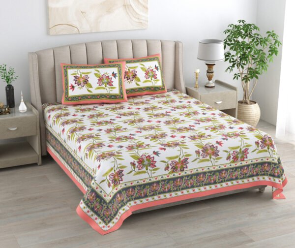 Kaya - Floral Print Pure Cotton Double Bedsheet - Red, White