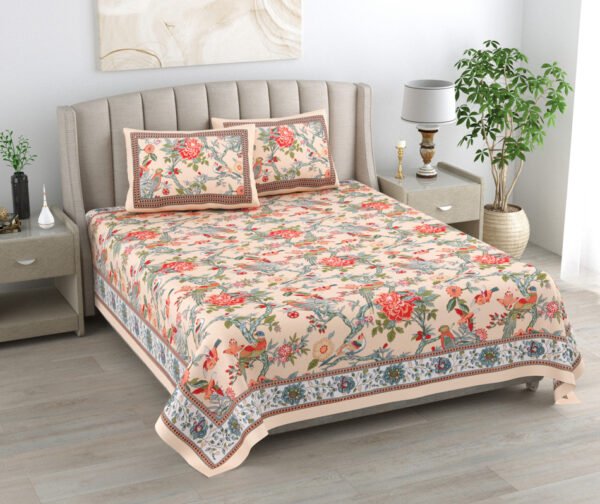 Kaya - Traditional Floral Bird Print Double Size Bedsheet - Peach, Red
