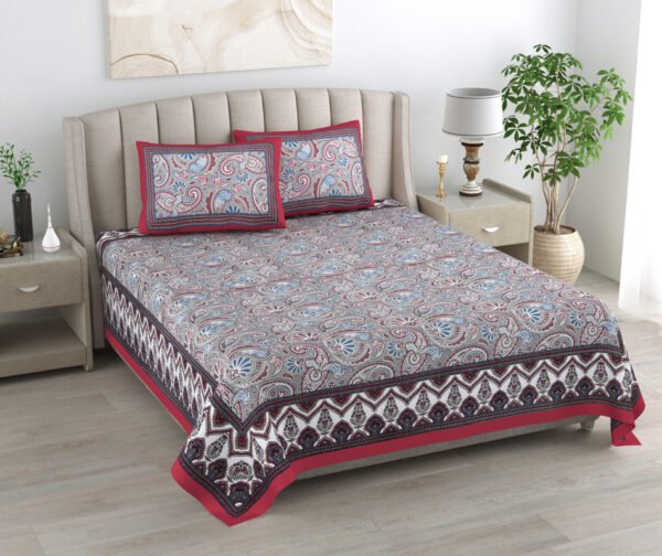 Kaya - Red, Grey Paisley Print Double Bed King Size Bedsheet