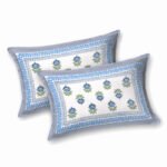 Kaya - Sanganeri Floral Print Double Bed King Size Bedsheet, White, Sky Blue