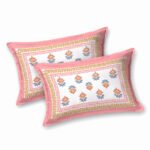 Kaya - Sanganeri Floral Print Double Bed King Size Bedsheet, White, Orange