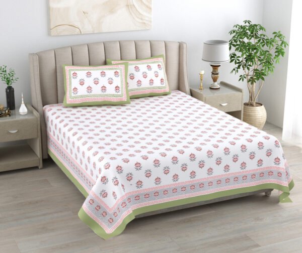 Kaya - Sanganeri Floral Print Double Bed King Size Bedsheet, White, Green