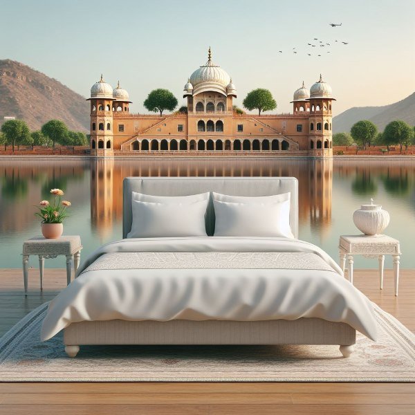 a jaipuri bedsheet on a doubl bed in front of jal mahal