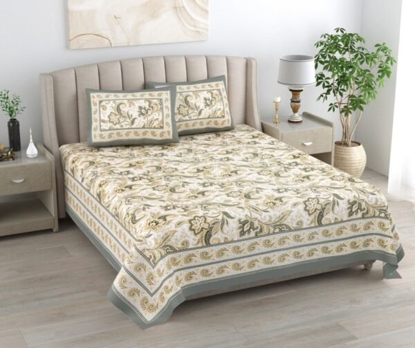 Kaya - Paisley Prints Cotton Double Bed Sheet King Size- Grey, Gold