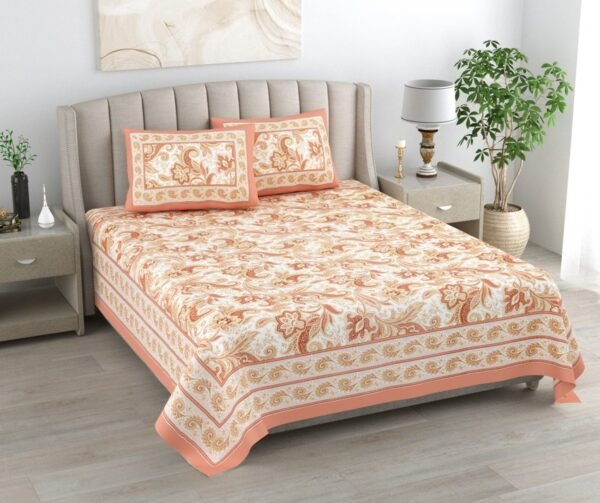 Kaya - Paisley Prints Cotton Double Bed Sheet King Size- Peach, Cream