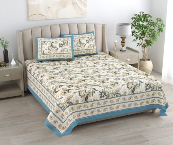 Kaya - Paisley Prints Cotton Double Bed Sheet King Size- Blue, Grey