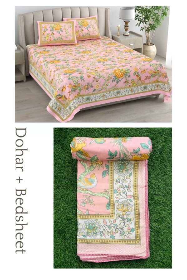 Set Of 4 Pcs – Floral Print Bedding Set (Bedsheet & Dohar Set) – Pink