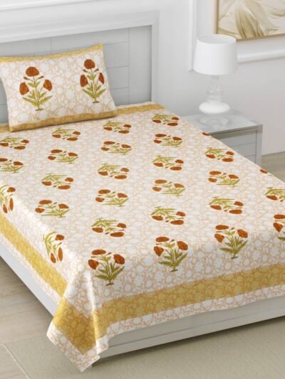 Floral Print Mulmul Cotton Dohar for Single Bed - (60*90 inches) - Mustard - Urban Jaipur