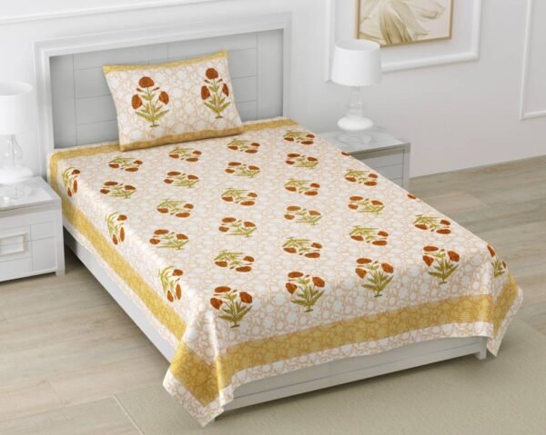 Floral Print Mulmul Cotton Dohar for Single Bed - (60*90 inches) - Mustard - Urban Jaipur