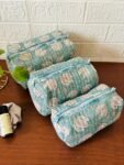 Cotton Handmade Quilted Wash Bag, Indian Floral Print Toiletry Bag Set Of 3, Women Hand Purse, Hand Block Travel Waterproof Makeup Bag