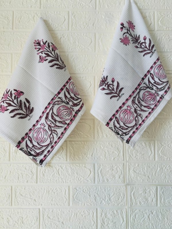 Pink Petals: Block Printed Hand Towel Set Of 2