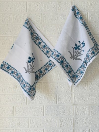 Blue Lily: Block Printed Hand Towel Set Of 2