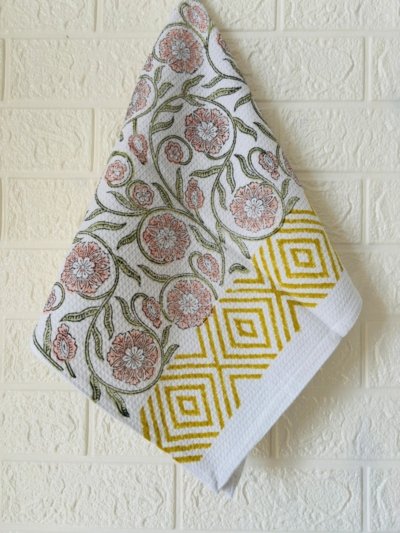 Peach Floral Block Printed Towel Set – Bath and Hand Towels (1+2)