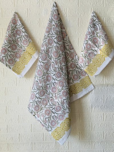Peach Floral Block Printed Towel Set – Bath and Hand Towels (1+2)