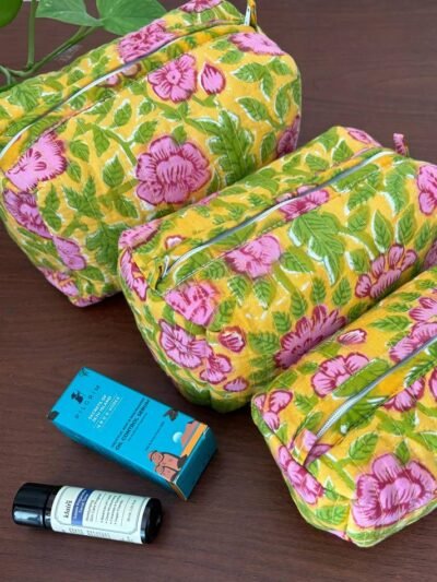 Cotton Handmade Quilted Wash Bag, Indian Floral Print Toiletry Bag Set Of 3, Women Hand Purse, Hand Block Travel Waterproof Makeup Bag