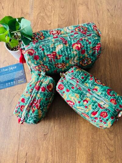 Set of 3 Cotton Hanblock Quilted Wash Bag, Toiletry Bag Women Hand Purse, Hand Block Travel Waterproof Makeup Bag