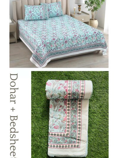 Mughal Print Mulmul Cotton Dohar for Double Bed (Reversible | Sky Blue)