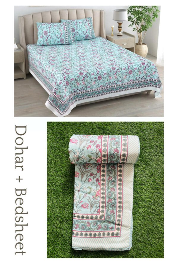 Mughal Print Mulmul Cotton Dohar for Double Bed (Reversible | Sky Blue)