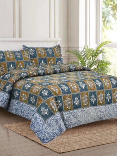 A king-size bedsheet set in blue and mustard with a block pattern.