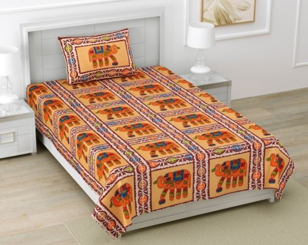 Handcrafted Single Bed Sheet and Pillowcase Set - Elephant Pattern (100% Cotton, 240 TC)